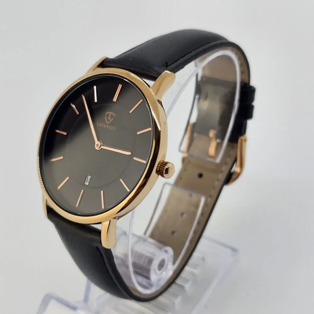 Men's Watch 40MM Black‎ Dial Gold Case Black Leather Band Straps Date Indicator